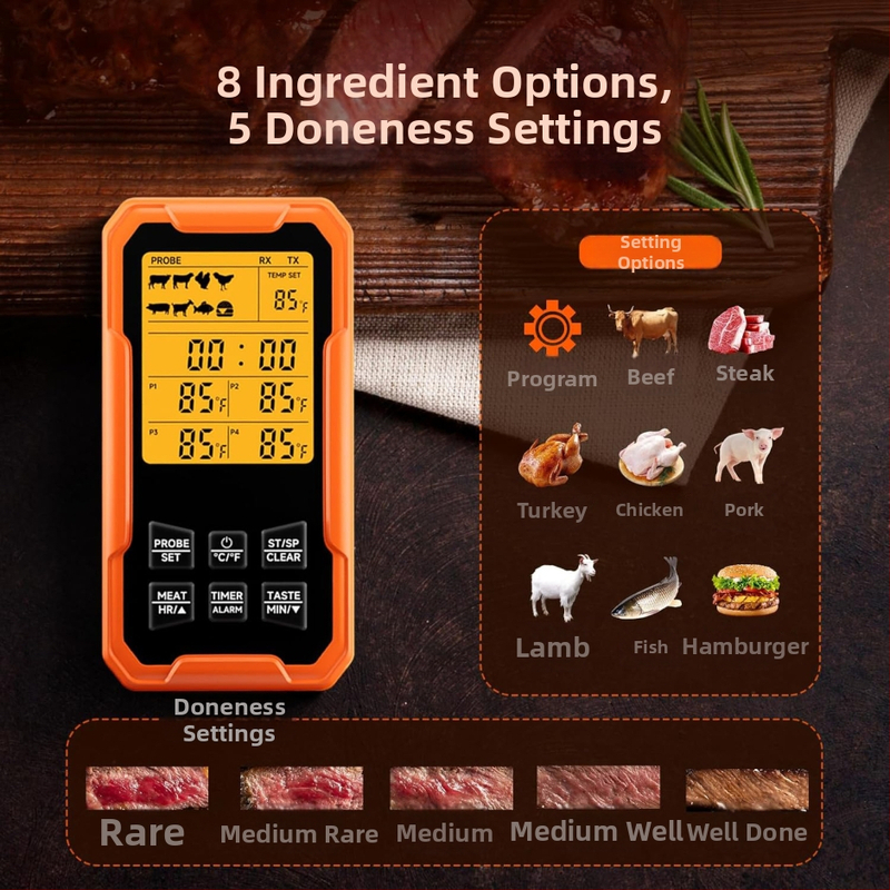 Teplomer na potraviny so 4 sondami, Bluetooth, vodotesný, nehrdzavejúca oceľ, na grilovanie