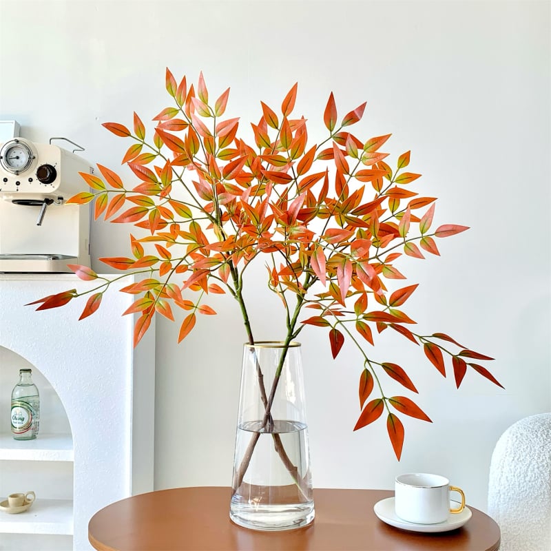 Dirbtinis Nandina bambuko augalo dekoras vidaus naudojimui – vazoninė dekoracija (Medžiagos: plastikas, minkšti klijai, minkštas PVC; Amatas: stilizavimas, reljefas, pilimas; Įvairovė: Nandina)