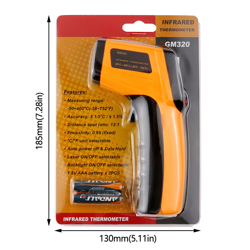 Infraraudonųjų spindulių termometras, rankinis, pramoninis, virtuvei, temperatūros diapazonas -50°C–400°C