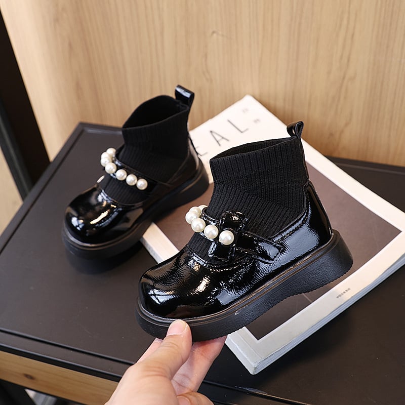Есен 2025, нов стил, модерни и универсални кожени обувки с памучна подплата за малки момичета, къси принцесни ботуши с перли до средата на прасеца