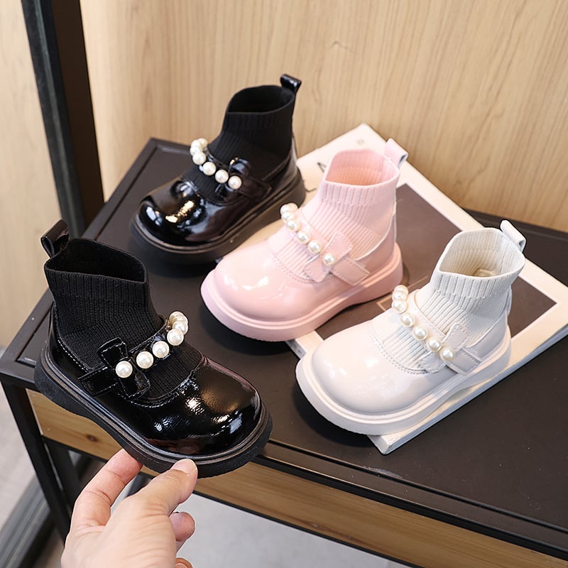 2025 m. ruduo, naujo stiliaus, madingi ir universalūs odiniai bateliai su medvilniniu pamušalu mažoms mergaitėms, trumpi princesiški aulinukai su perlais iki blauzdų vidurio