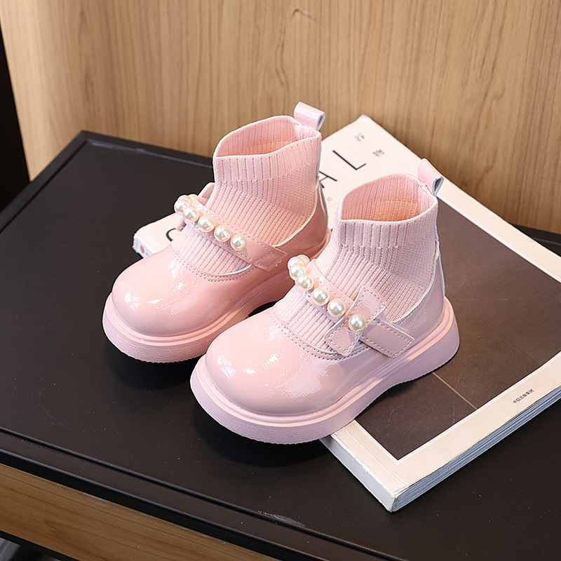 Есен 2025, нов стил, модерни и универсални кожени обувки с памучна подплата за малки момичета, къси принцесни ботуши с перли до средата на прасеца