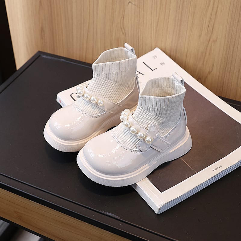 Есен 2025, нов стил, модерни и универсални кожени обувки с памучна подплата за малки момичета, къси принцесни ботуши с перли до средата на прасеца