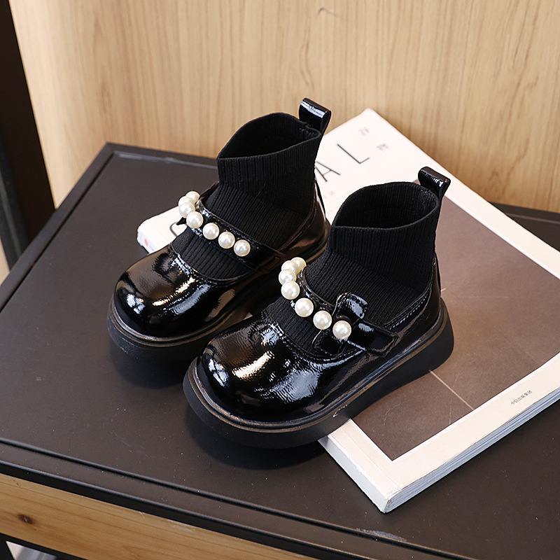 Есен 2025, нов стил, модерни и универсални кожени обувки с памучна подплата за малки момичета, къси принцесни ботуши с перли до средата на прасеца