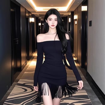 Hepburni stiilis pikkade varrukatega ja tuttidega prantsuse kleit, elegantne ja liibuv seelik