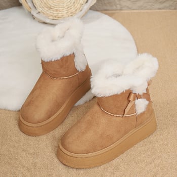 Μπότες χιονιού με επένδυση από φλις και χοντρή επένδυση, μοντέλο χωρίς κορδόνια, νέο μοντέλο χειμώνας 2025, με χοντρή σόλα, βελούδινο κόψιμο, παπιγιόν, ζεστά, βαμβακερά παπούτσια σε μεγάλα μεγέθη