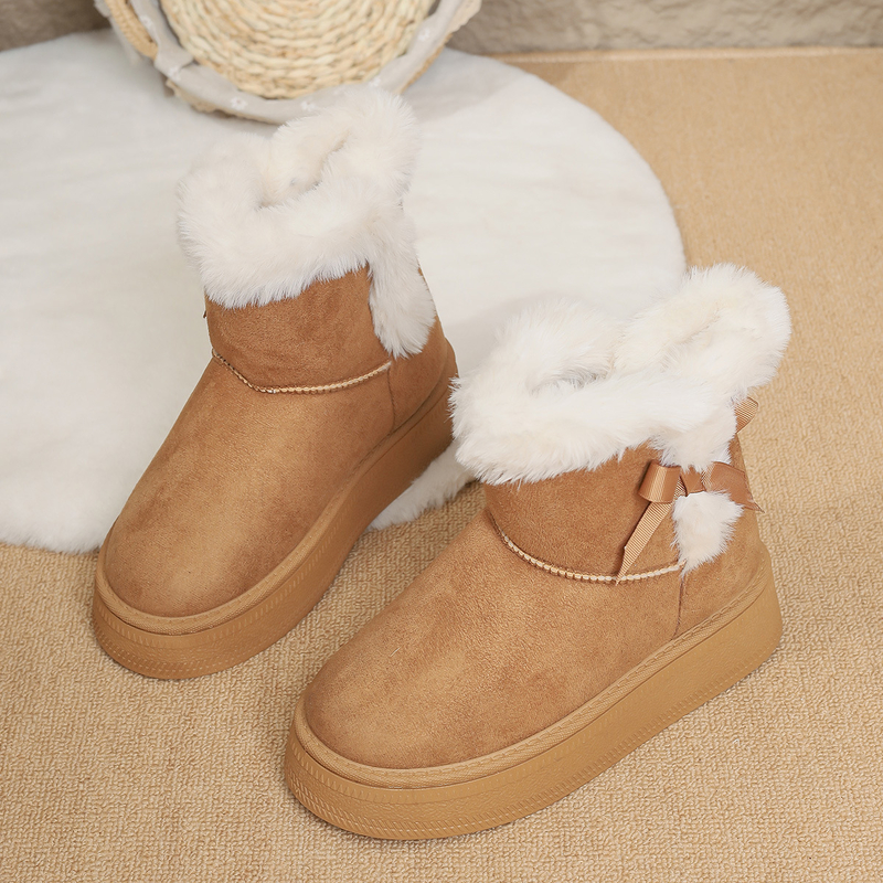 Μπότες χιονιού με επένδυση από φλις και χοντρή επένδυση, μοντέλο χωρίς κορδόνια, νέο μοντέλο χειμώνας 2025, με χοντρή σόλα, βελούδινο κόψιμο, παπιγιόν, ζεστά, βαμβακερά παπούτσια σε μεγάλα μεγέθη