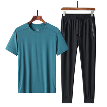 Σετ δύο τεμαχίων με κοντό μανίκι από μετάξι Ice Silk, μεγάλο μέγεθος, extra large, plus weight, μπλουζάκι παραλλαγής και παντελόνι υψηλής ελαστικότητας, σχέδιο που στεγνώνει γρήγορα, λεπτό μοντέλο
