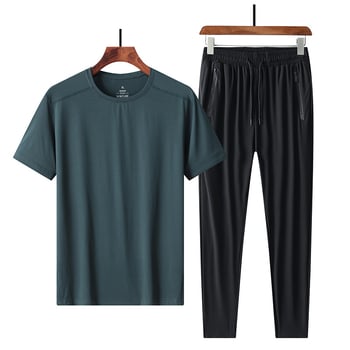 Σετ δύο τεμαχίων με κοντό μανίκι από μετάξι Ice Silk, μεγάλο μέγεθος, extra large, plus weight, μπλουζάκι παραλλαγής και παντελόνι υψηλής ελαστικότητας, σχέδιο που στεγνώνει γρήγορα, λεπτό μοντέλο