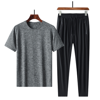 Σετ δύο τεμαχίων με κοντό μανίκι από μετάξι Ice Silk, μεγάλο μέγεθος, extra large, plus weight, μπλουζάκι παραλλαγής και παντελόνι υψηλής ελαστικότητας, σχέδιο που στεγνώνει γρήγορα, λεπτό μοντέλο