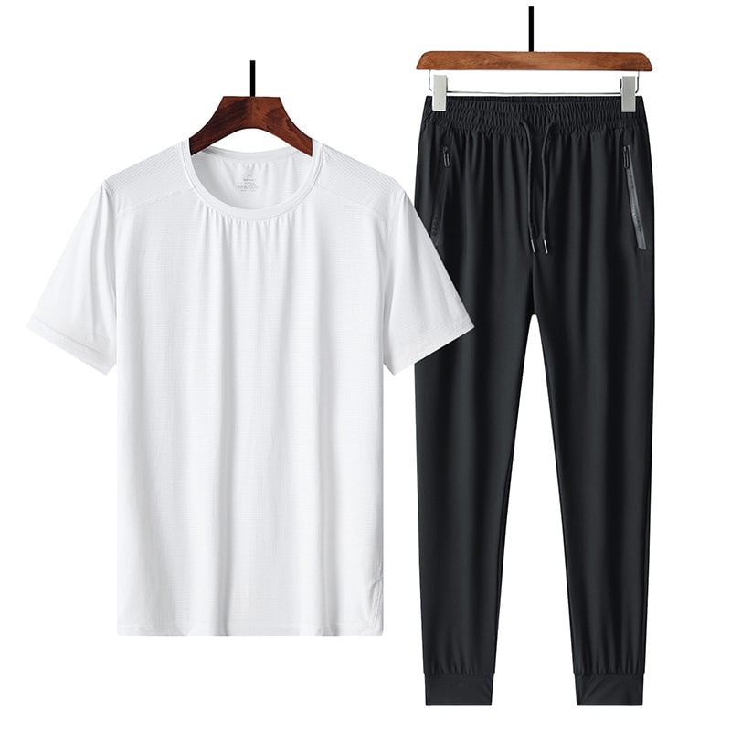 Σετ δύο τεμαχίων με κοντό μανίκι από μετάξι Ice Silk, μεγάλο μέγεθος, extra large, plus weight, μπλουζάκι παραλλαγής και παντελόνι υψηλής ελαστικότητας, σχέδιο που στεγνώνει γρήγορα, λεπτό μοντέλο