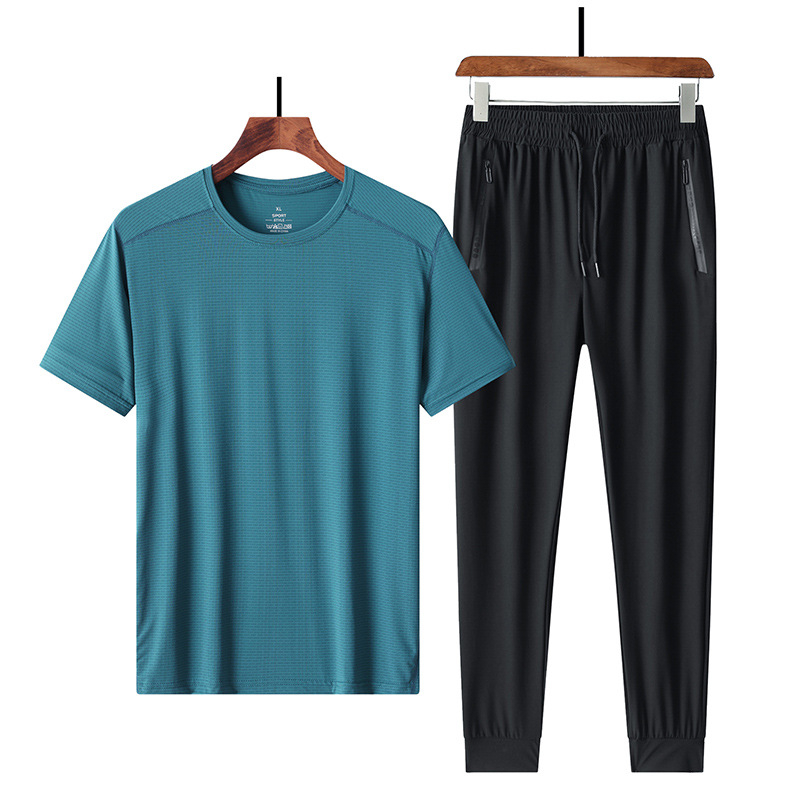 Σετ δύο τεμαχίων με κοντό μανίκι από μετάξι Ice Silk, μεγάλο μέγεθος, extra large, plus weight, μπλουζάκι παραλλαγής και παντελόνι υψηλής ελαστικότητας, σχέδιο που στεγνώνει γρήγορα, λεπτό μοντέλο