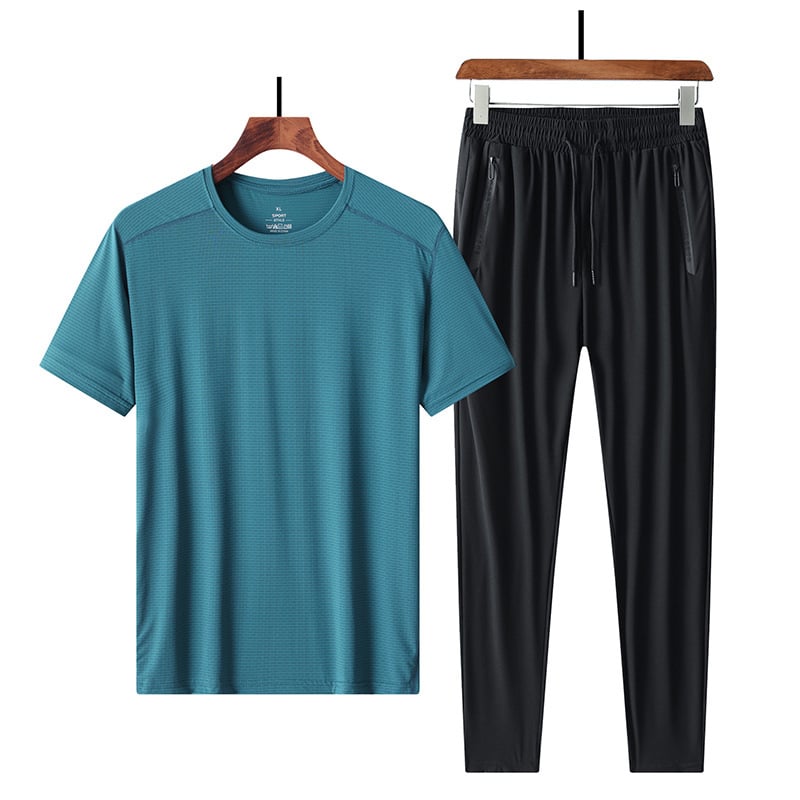 Σετ δύο τεμαχίων με κοντό μανίκι από μετάξι Ice Silk, μεγάλο μέγεθος, extra large, plus weight, μπλουζάκι παραλλαγής και παντελόνι υψηλής ελαστικότητας, σχέδιο που στεγνώνει γρήγορα, λεπτό μοντέλο