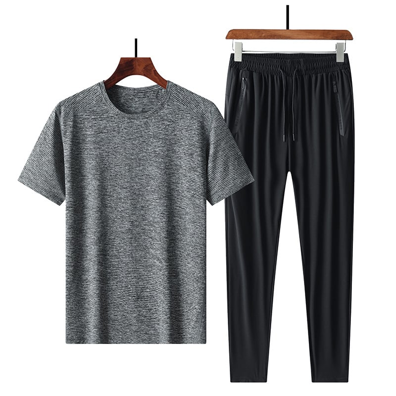 Σετ δύο τεμαχίων με κοντό μανίκι από μετάξι Ice Silk, μεγάλο μέγεθος, extra large, plus weight, μπλουζάκι παραλλαγής και παντελόνι υψηλής ελαστικότητας, σχέδιο που στεγνώνει γρήγορα, λεπτό μοντέλο