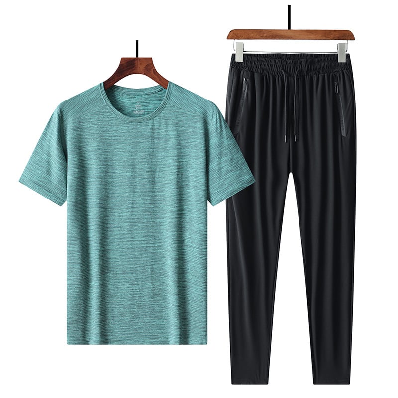 Σετ δύο τεμαχίων με κοντό μανίκι από μετάξι Ice Silk, μεγάλο μέγεθος, extra large, plus weight, μπλουζάκι παραλλαγής και παντελόνι υψηλής ελαστικότητας, σχέδιο που στεγνώνει γρήγορα, λεπτό μοντέλο