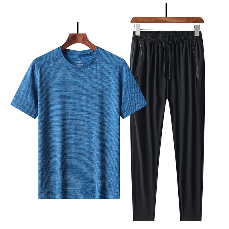 Σετ δύο τεμαχίων με κοντό μανίκι από μετάξι Ice Silk, μεγάλο μέγεθος, extra large, plus weight, μπλουζάκι παραλλαγής και παντελόνι υψηλής ελαστικότητας, σχέδιο που στεγνώνει γρήγορα, λεπτό μοντέλο