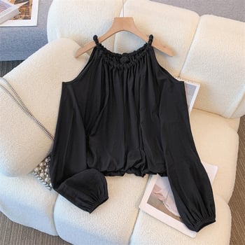 Κορεάτικη γυναικεία μπλούζα Dongdaemun με άνετη εφαρμογή και γυμνούς ώμους, φθινοπωρινή, μακρυμάνικη, γαλλική κομψότητα, μονόχρωμη, τοπ γενικής χρήσης