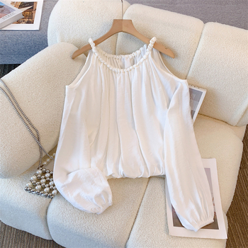 Κορεάτικη γυναικεία μπλούζα Dongdaemun με άνετη εφαρμογή και γυμνούς ώμους, φθινοπωρινή, μακρυμάνικη, γαλλική κομψότητα, μονόχρωμη, τοπ γενικής χρήσης