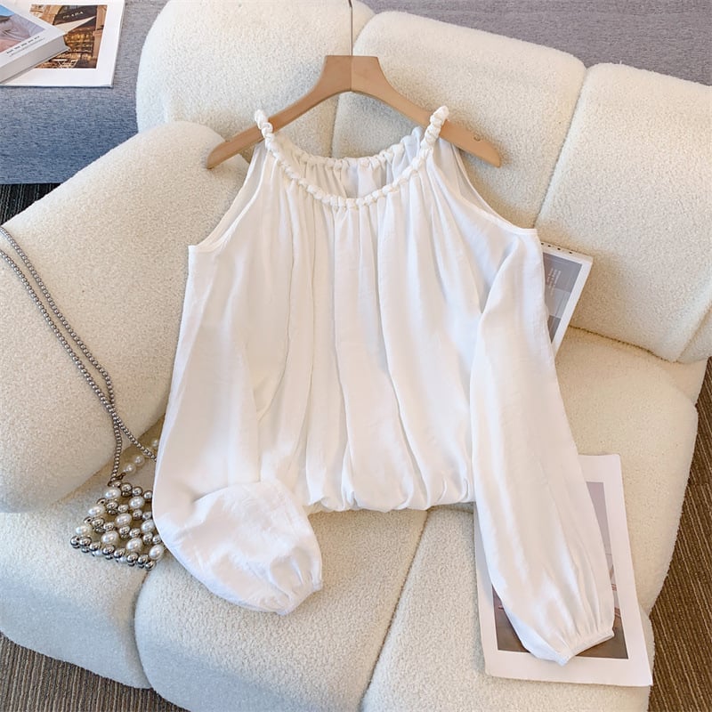 Κορεάτικη γυναικεία μπλούζα Dongdaemun με άνετη εφαρμογή και γυμνούς ώμους, φθινοπωρινή, μακρυμάνικη, γαλλική κομψότητα, μονόχρωμη, τοπ γενικής χρήσης