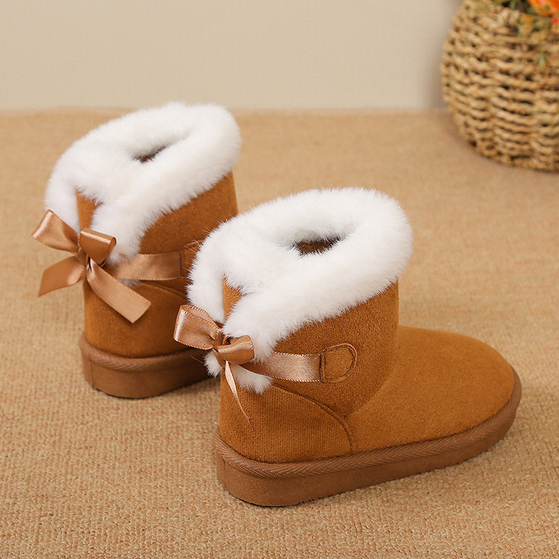 Момичешки обувки до глезена от набук с пухкав кант и декорация с панделка, за възраст 1–12 години