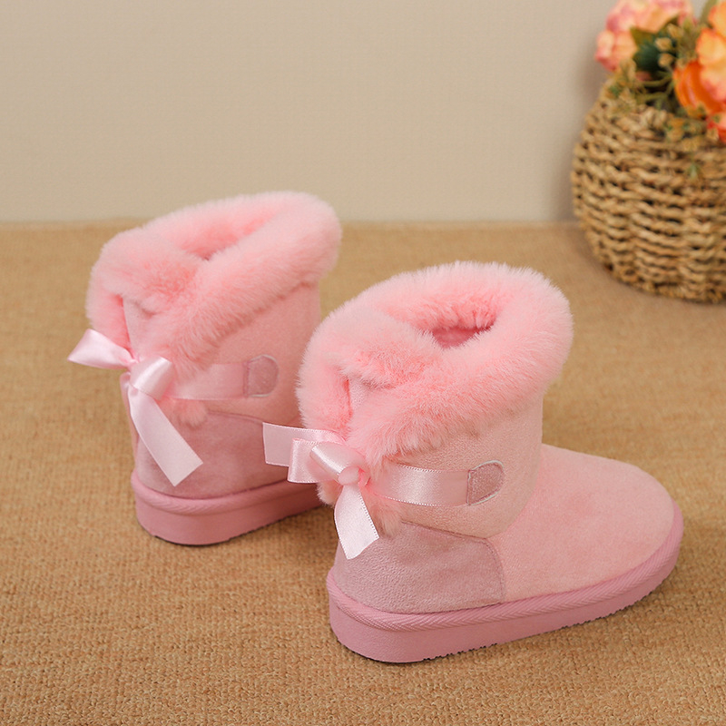 Момичешки обувки до глезена от набук с пухкав кант и декорация с панделка, за възраст 1–12 години