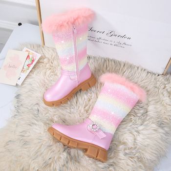 Детски момичешки зимни ботуши с висок цилиндър, изкуствена кожа, подплата от изкуствена вълна, страничен цип, стил принцеса