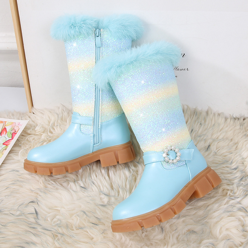 Детски момичешки зимни ботуши с висок цилиндър, изкуствена кожа, подплата от изкуствена вълна, страничен цип, стил принцеса