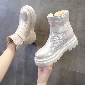 Снежни ботуши за жени с дебел ток, подплатени с изкуствен пух, PU горна част, гумена подметка, висок горен край