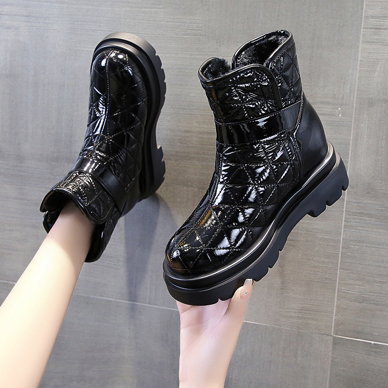 Снежни ботуши за жени с дебел ток, подплатени с изкуствен пух, PU горна част, гумена подметка, висок горен край