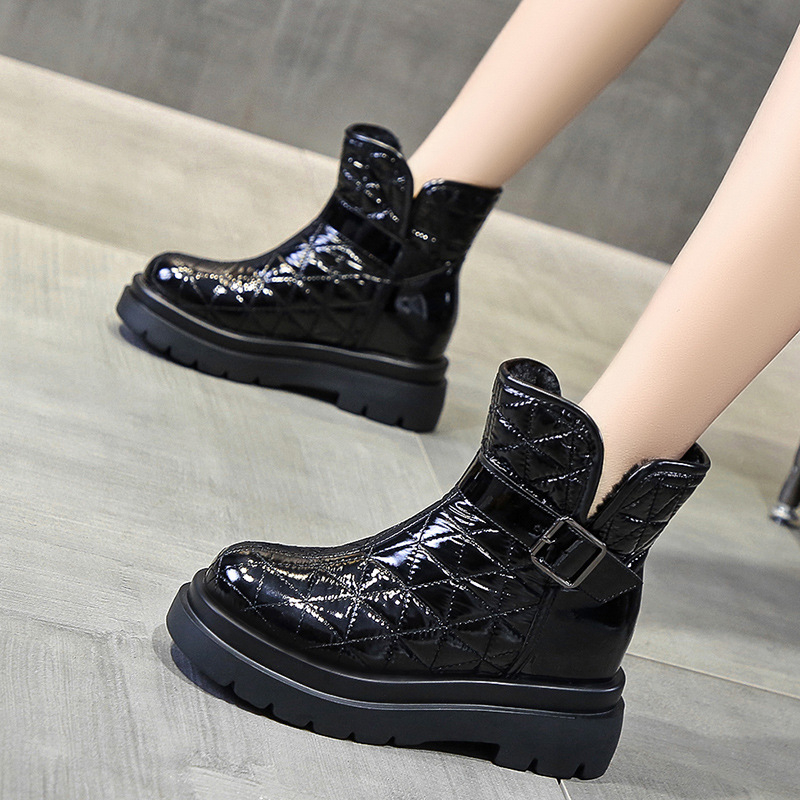 Снежни ботуши за жени с дебел ток, подплатени с изкуствен пух, PU горна част, гумена подметка, висок горен край