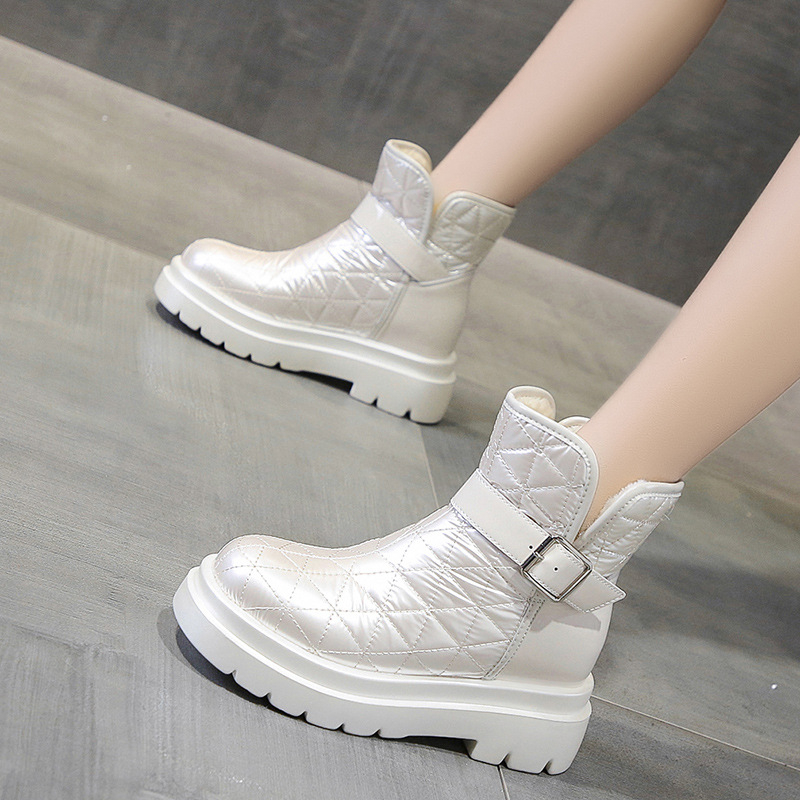 Снежни ботуши за жени с дебел ток, подплатени с изкуствен пух, PU горна част, гумена подметка, висок горен край