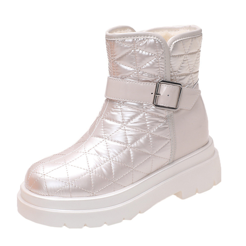 Снежни ботуши за жени с дебел ток, подплатени с изкуствен пух, PU горна част, гумена подметка, висок горен край