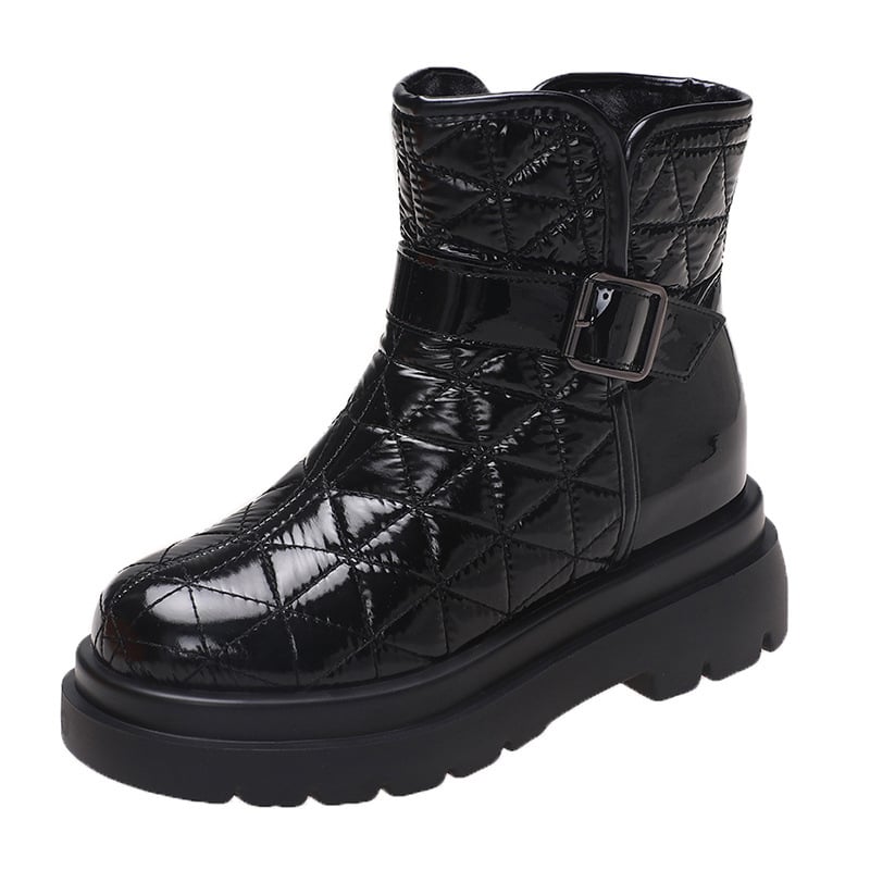 Снежни ботуши за жени с дебел ток, подплатени с изкуствен пух, PU горна част, гумена подметка, висок горен край