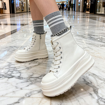 Дамски хай-топ кецове с дебела подметка, PU горнище, гумена подметка, кръстосано закопчаване, кръгъл нос, есен 2025