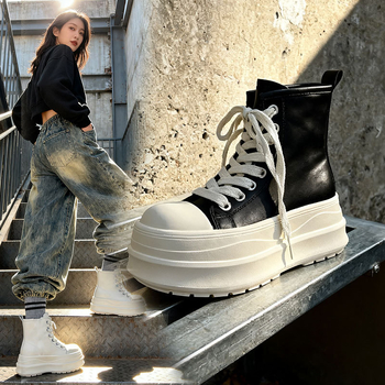 Дамски хай-топ кецове с дебела подметка, PU горнище, гумена подметка, кръстосано закопчаване, кръгъл нос, есен 2025
