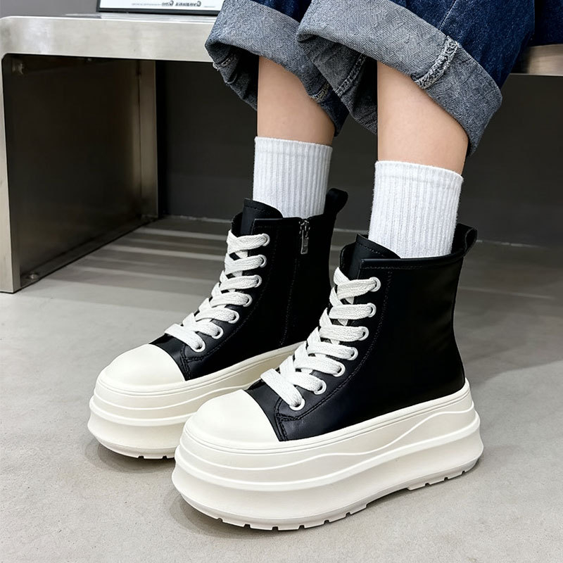 Дамски хай-топ кецове с дебела подметка, PU горнище, гумена подметка, кръстосано закопчаване, кръгъл нос, есен 2025