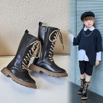 Детски модни ботуши до коляното от изкуствена кожа, страничен цип, PU стелка, гумена подметка, решетъчна шарка, есен, за деца 4–16 г