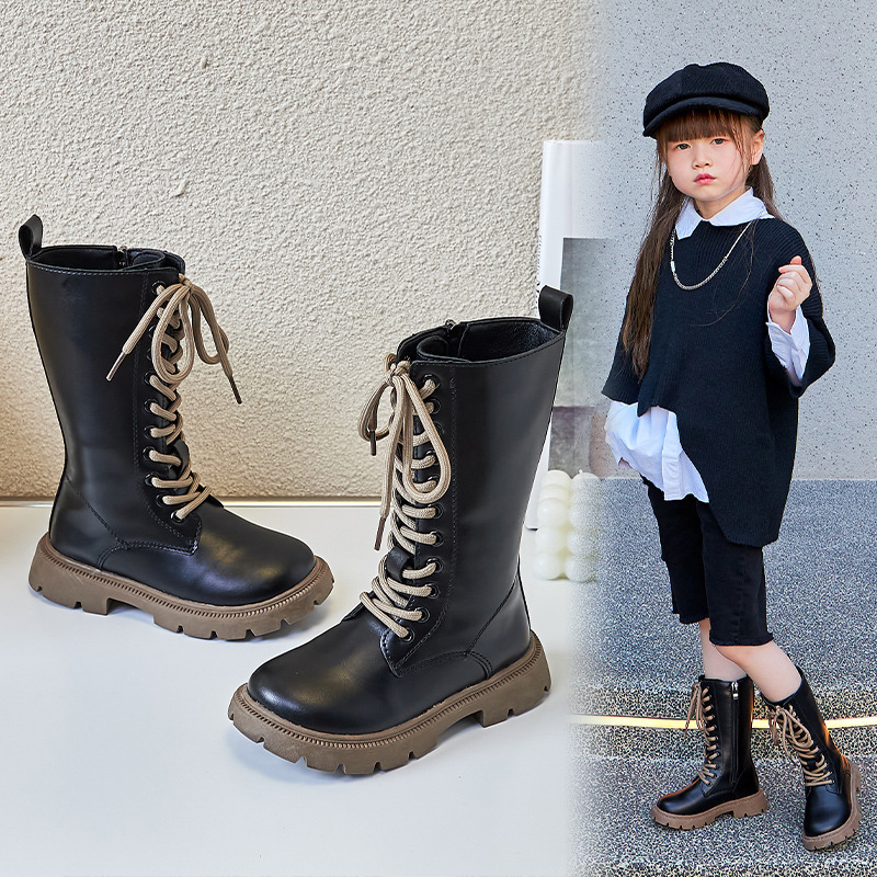 Детски модни ботуши до коляното от изкуствена кожа, страничен цип, PU стелка, гумена подметка, решетъчна шарка, есен, за деца 4–16 г