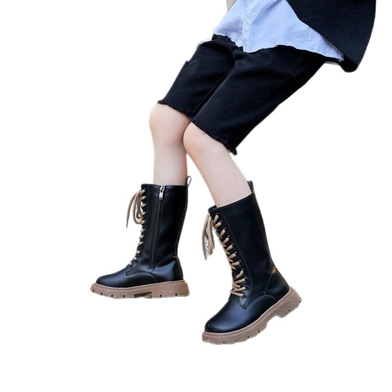 Детски модни ботуши до коляното от изкуствена кожа, страничен цип, PU стелка, гумена подметка, решетъчна шарка, есен, за деца 4–16 г