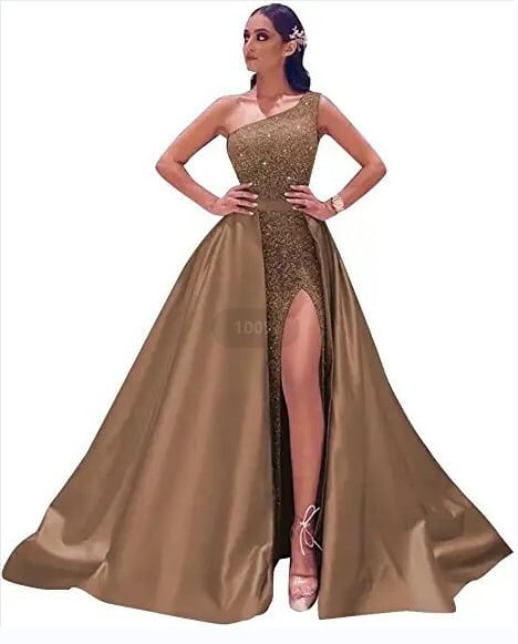 Večernja haljina bez naramenica, s prorezom i otvorenim leđima; tkanina: poliester s elastanom i regenerirana vlakna celuloze; batik postupak