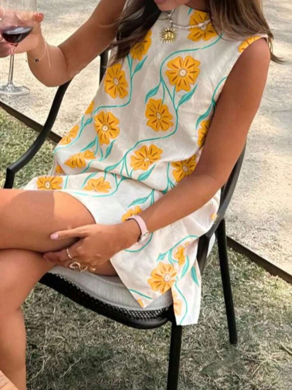 Naiste varrukateta kleit ümmarguse kaelusega, A-liini lõige, polüester ja elastaan, suvi 2025