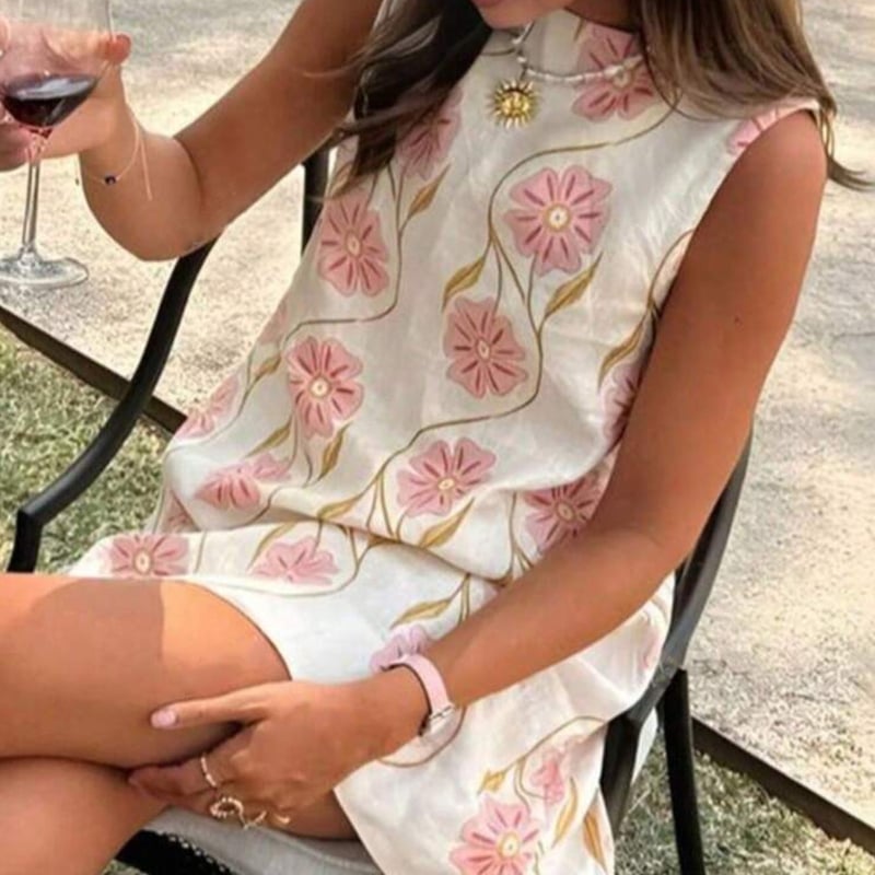 Naiste varrukateta kleit ümmarguse kaelusega, A-liini lõige, polüester ja elastaan, suvi 2025