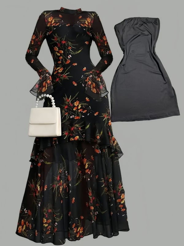 Двухчастен комплект с флорален принт, дълга пола, полиестер-спандекс, ръкави камбанки