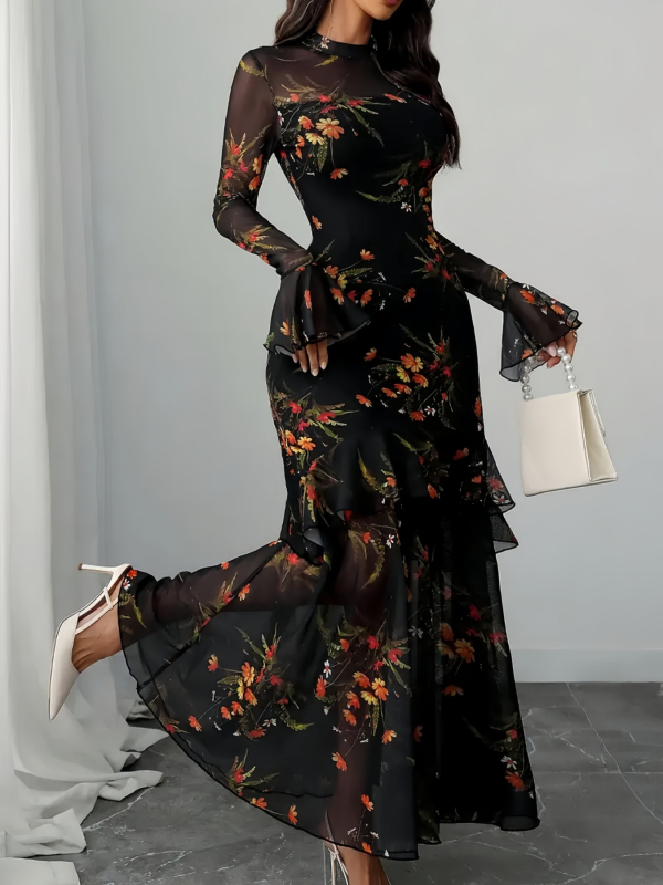 Двухчастен комплект с флорален принт, дълга пола, полиестер-спандекс, ръкави камбанки