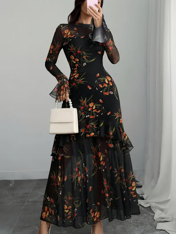 Двухчастен комплект с флорален принт, дълга пола, полиестер-спандекс, ръкави камбанки