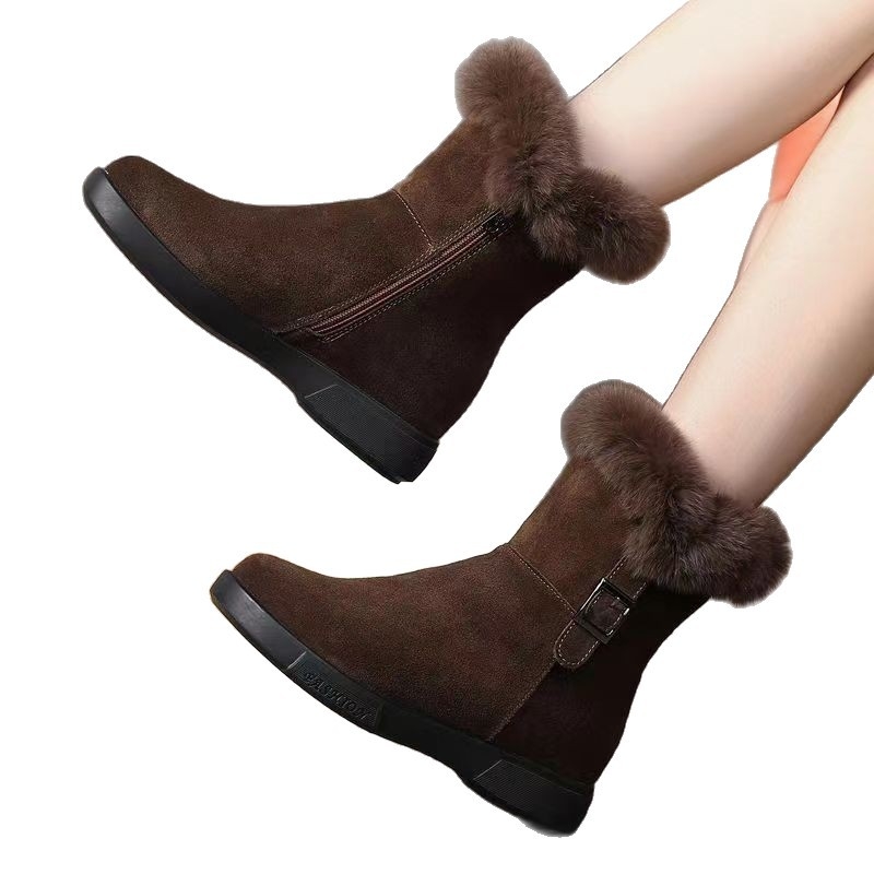 Дамски мото ботуши със страничен цип, набук кожа горна част, кръгъл нос, дебела подметка, пухена подплата