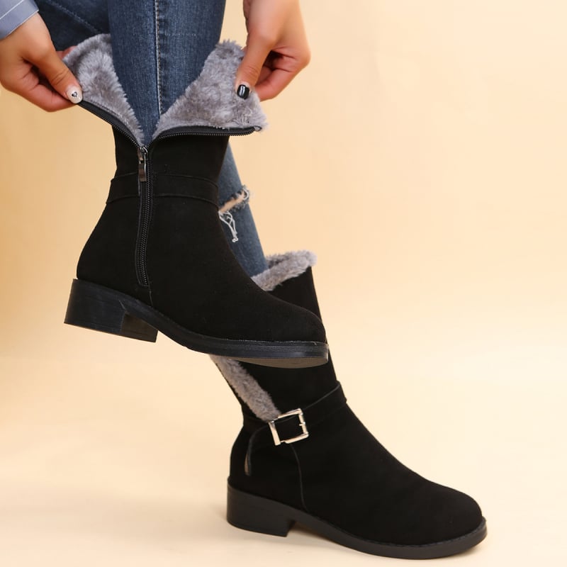 Naiste moe saapad — keskmise säärega, PU ülaosa, kummist tald, külg tõmblukk, ruudukujuline kand 3–5 cm