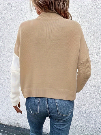 Пуловер с цветен блок, полиестер, кръгло деколте, дълги ръкави, жакардова плетка