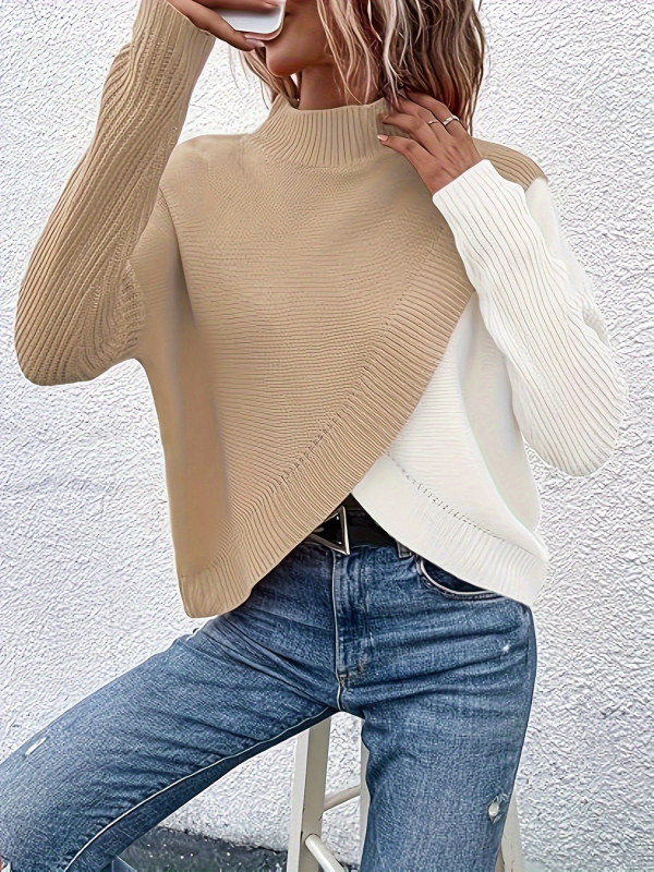 Пуловер с цветен блок, полиестер, кръгло деколте, дълги ръкави, жакардова плетка