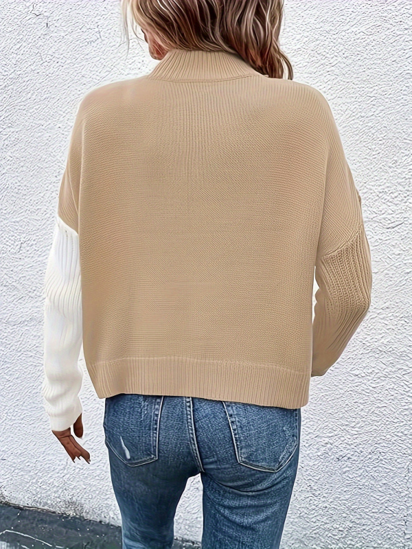 Пуловер с цветен блок, полиестер, кръгло деколте, дълги ръкави, жакардова плетка